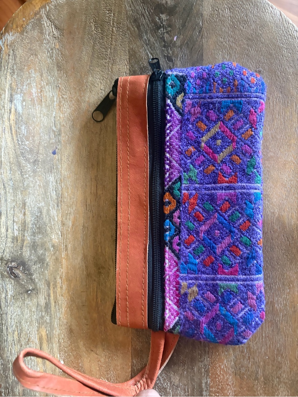 Purple Embroidered Wristlet Clutch with Tan Strap